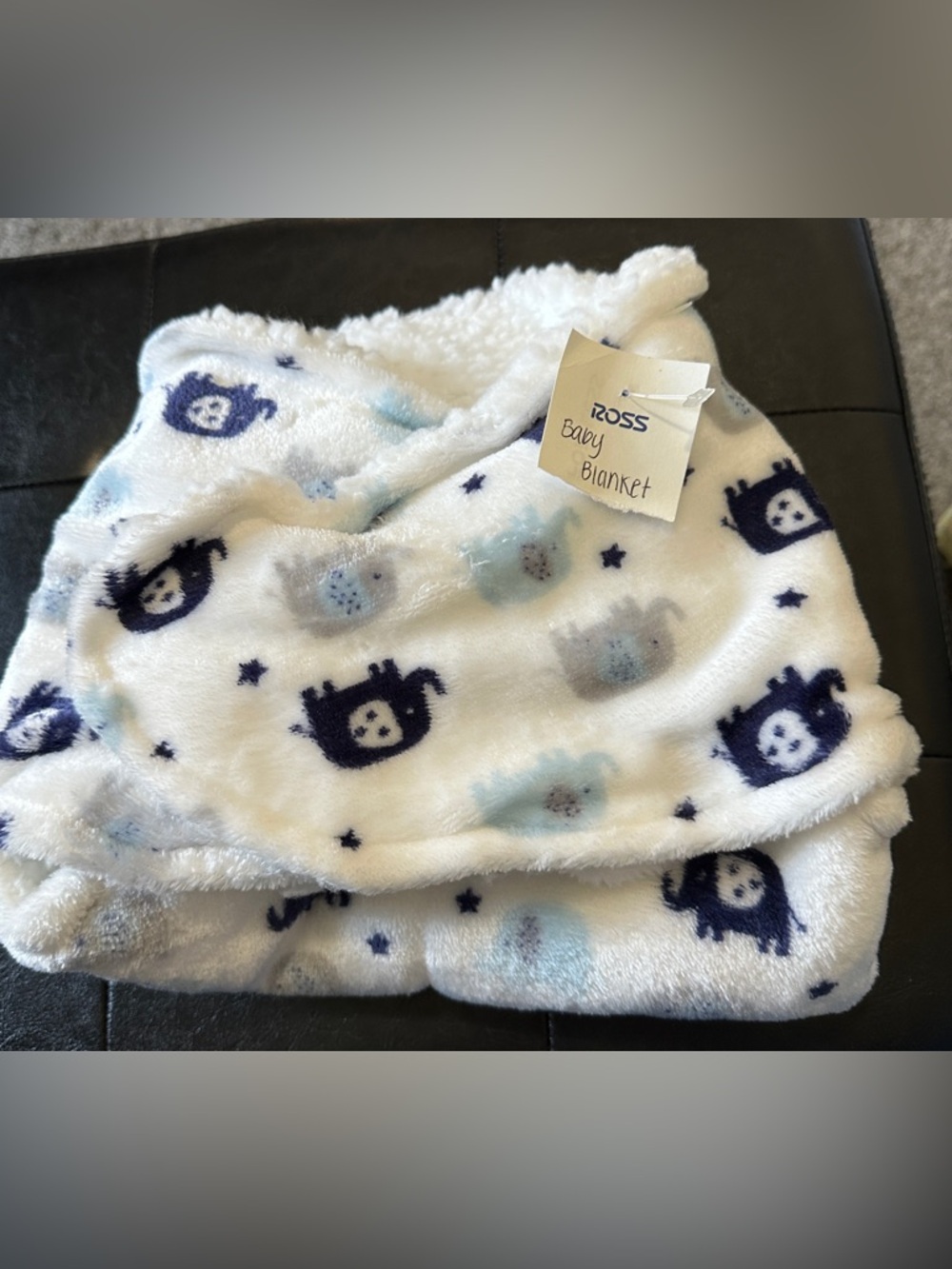Kiss Plush White Polyester Baby Blanket From Ross White With Blue Elephants